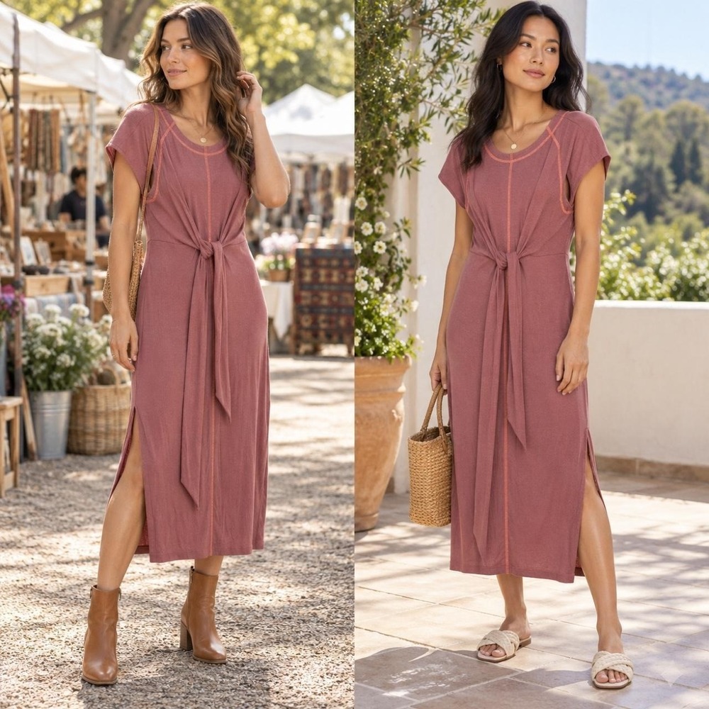 Free People Sunni Midi Dress S Wild Ginger Ribbed Tie Waist NWT Boho Festival